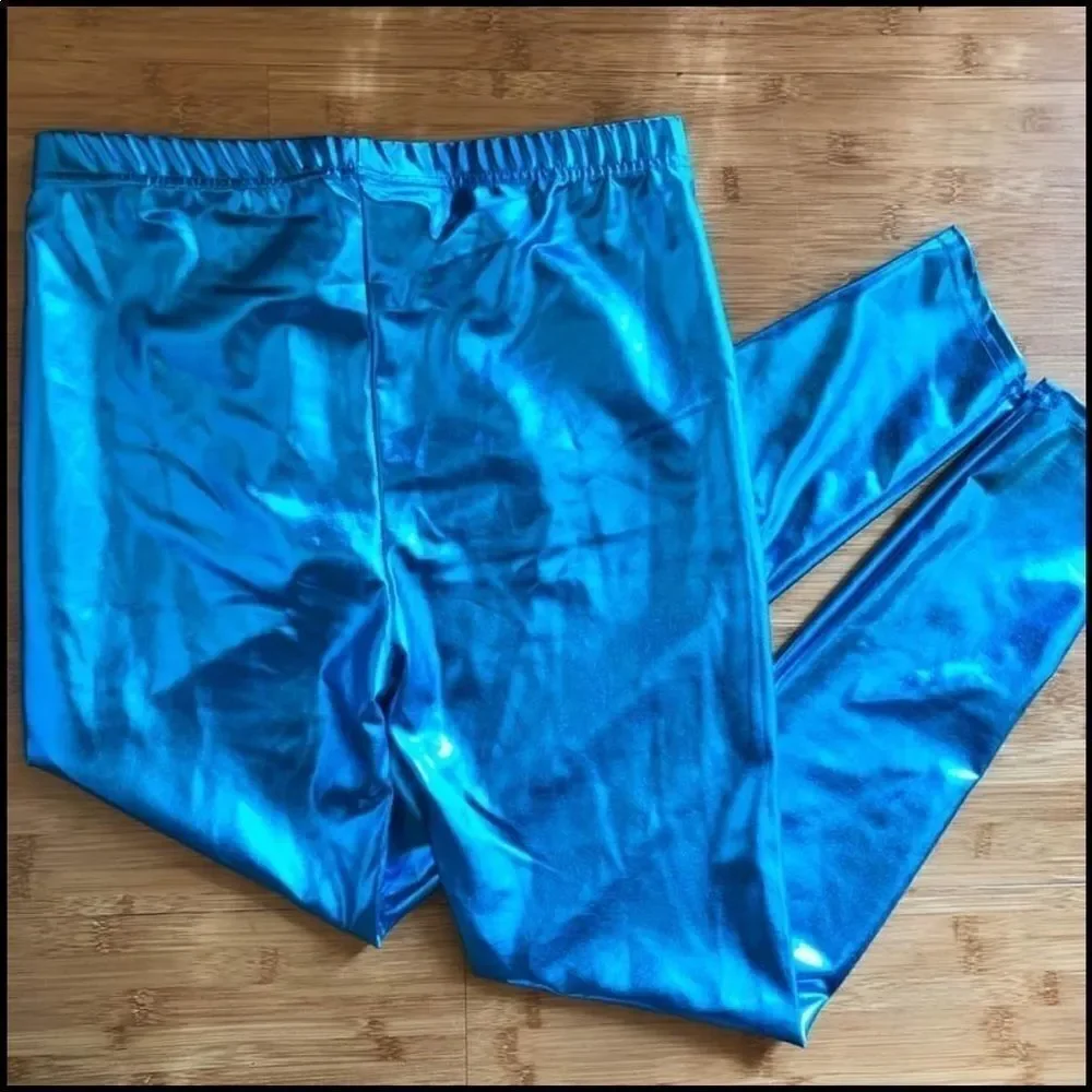 Teal metallic leggings dance pants hi rise waisted teen 14/16 or adult small